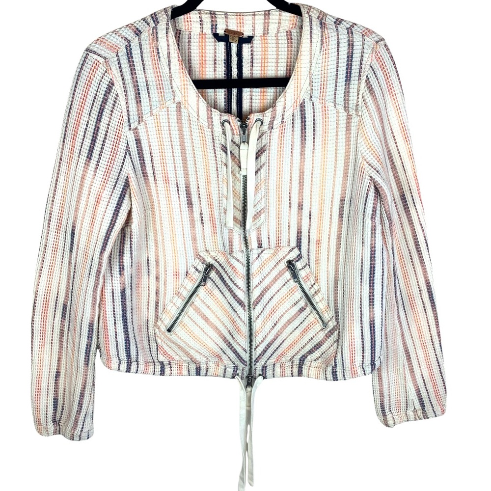 Free People Waffle Knit Striped Full Zip Jacket Baja Medium